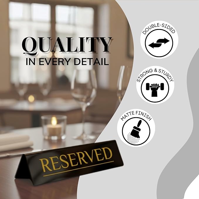 6 Reserved Table Signs – Black Stainless Steel with Yellow Mirror Lettering | Durable & Reusable Reserved Signs for Wedding & Restaurant Events | Wedding Accessories & Restaurant Supplies by Adaptic Group®