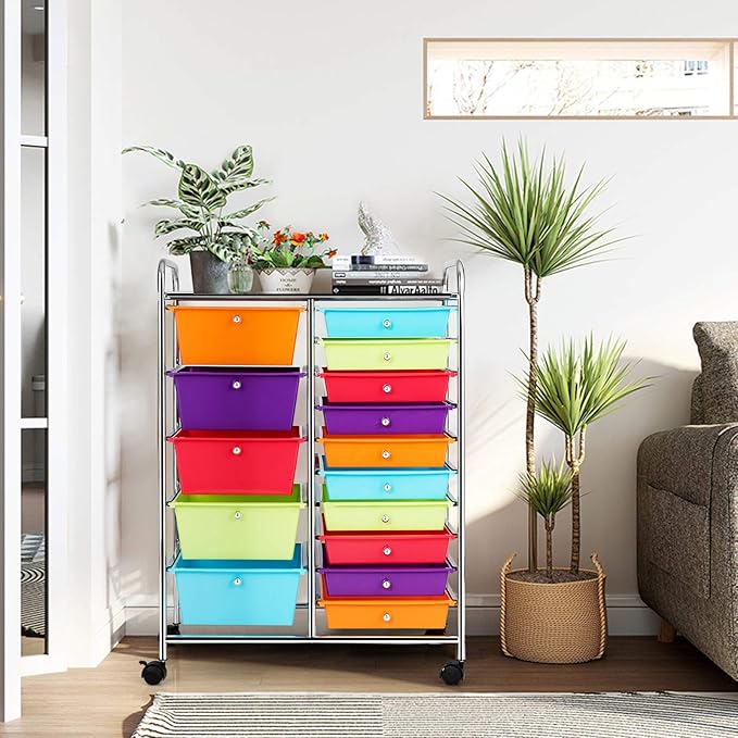 HAPPYGRILL 15-Drawer Rolling Cart, Storage Carts with Removable Drawers & Steel Frame, Utility Cart on Lockable Wheels for Home, School, Office,Multicolorful