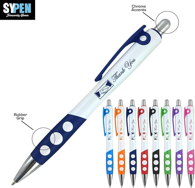 SyPen Personalized Ballpoint Pens With Custom Logo/Text-350 Pack Bulk-for Businesses, Parties, & Events, Custom Printed, White Barrel with Matching Colored Clip and Grip, Click Pens, Black Ink, Blue