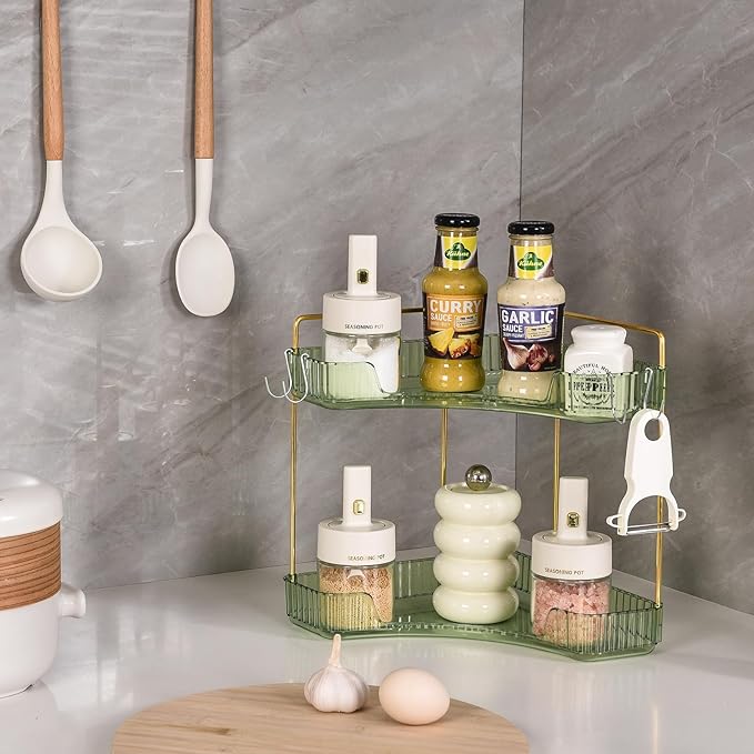Trdongxu 2-Tier Corner Bathroom Organizer Countertop with Hooks, Bathroom Sink Corner Vanity Storage for Makeup, Skincare and Perfume (Green Gold)