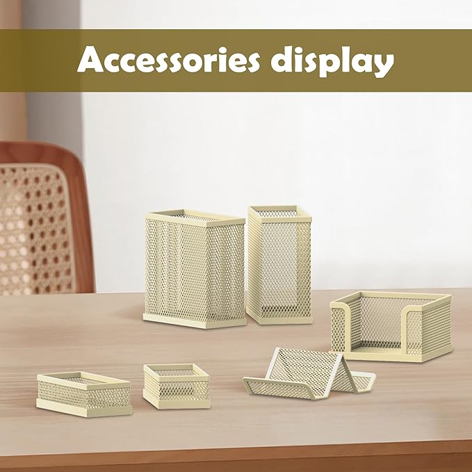 SUPEASY Pen Holder for Desk, 6 Piece Mesh Desk Organizer set for Office Organization with Mail Organizer, Letter Phone Holder, Sticky Notes Caddy Storage, Golden Yellow