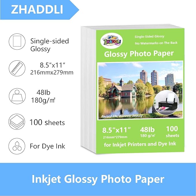 ZHADDLI Glossy Photo Paper 8.5 x11,Inkjet Photo Printer Paper, instant DryPicture Paper for Dly chip Bag, Flyers,Cards, Calendars andBrochures(180gsm/48lb)