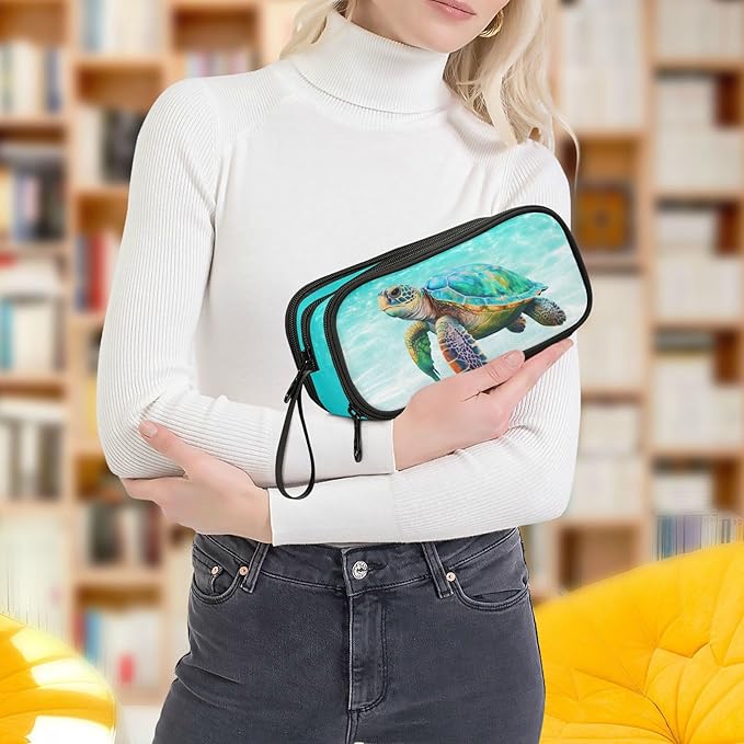 BOENLE Sea Turtle Teal Pencil Case Box Boys Girls Large Pencil Pouch with Zipper Compartments Big Capacity Stationery Pen Bag Organizer for Kids Teens Adults School Office