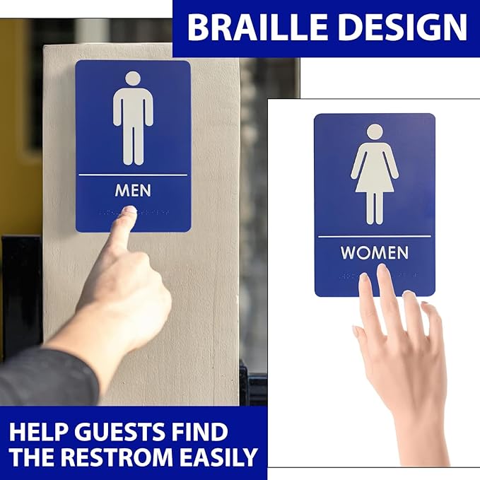 USA Made - Men's and Women's Restroom Signs ADA-Compliant Bathroom Door Signs for Offices, Businesses, and Restaurants, Black, Blue, Grey and Taupe/Tan Colors (Blue)