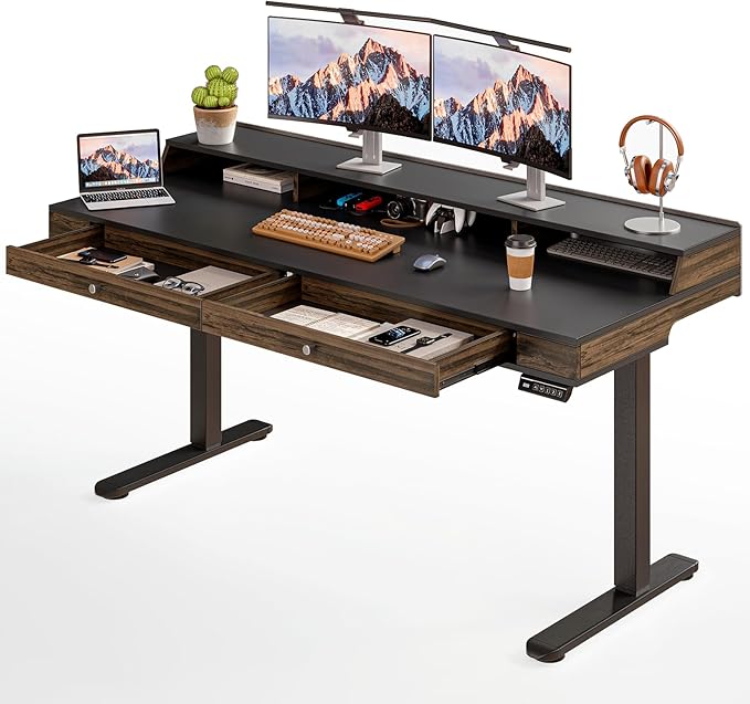 ONBRILL Modern Standing Desk with Storage, 63x23.6 Inch Electric Adjustable Height Desk with 2 Drawers, 3 Open Storage Zones, Black