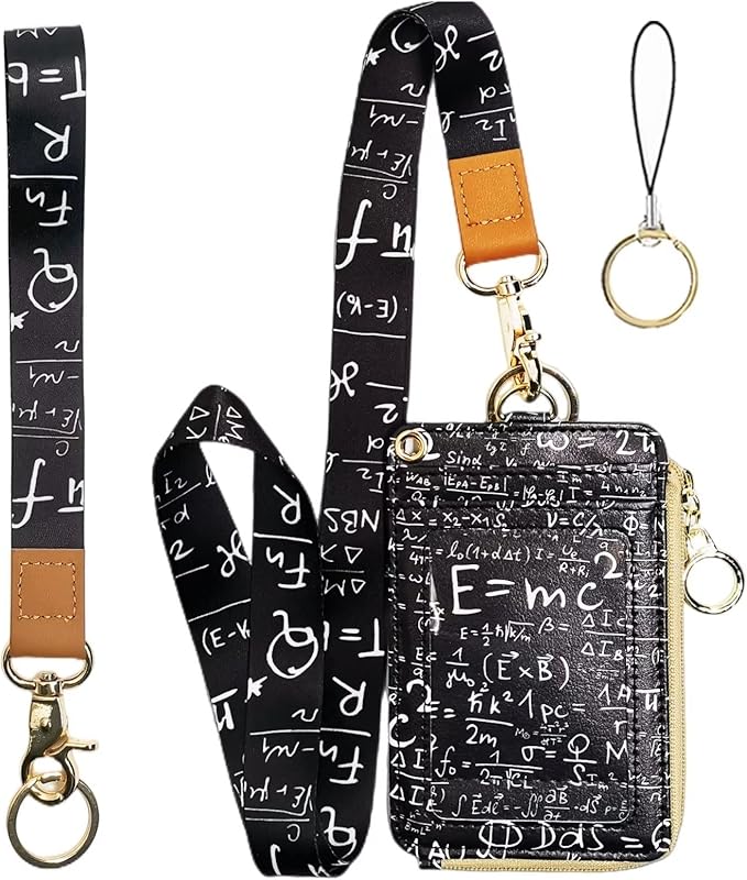 Teacher Lanyards for Id Badges Card and Keys,Math Pattern Funny ID Card Holders with Lanyards,Zipper Wallet with Cute Neck Lanyard for Women Men School Student Work Nurse