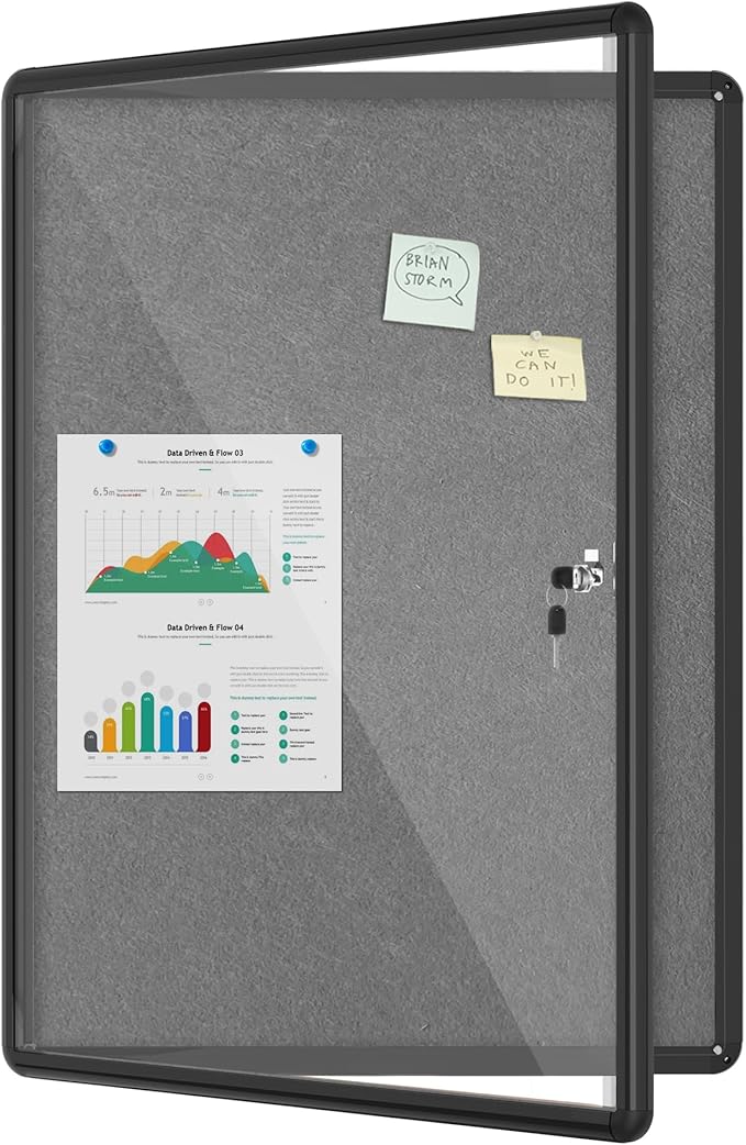 Mifuro 38"x28" Enclosed Bulletin Board, Lockable Weather-Resistant Aluminum Cork Noticeboard for Hospital School & Office, Black Frame w/Grey Flet