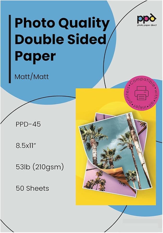 PPD 50 Sheets Inkjet Matte Double Sided Heavyweight Photo Quality Paper LTR 8.5 x 11 53lbs. 210gsm 9mil (PPD-45-50)