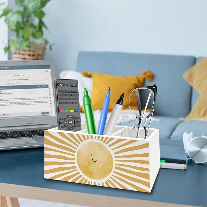 QZQE Boho Yellow Sunshine Pen Pencil Holder Organizer for Desk, Cute Smile Groovy Sun Sunshine Wooden Box Signs Decorations for Kids Room Home Classroom Desk Tabletop