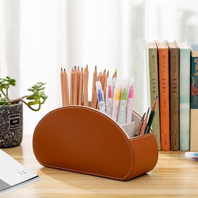 BONNY DODO Remote Control Holders Organizer Box with 5 Compartment PU Leather Multi-functional Office Desk Storage Caddy Store Tv Remote for Media Player,Brush,Pencil,Glassees&Office Supplies (Brown)