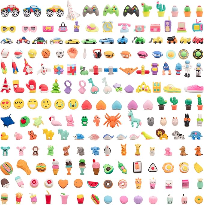 CLOCK KING 182pcs 3D Cute Kids Erasers, Random Desktop Pet Toys Gifts, Classroom Rewards Kids Party Gifts, Various Styles Such as Animals, Food, Plants, Space, Princess, Sports, Halloween, Christmas