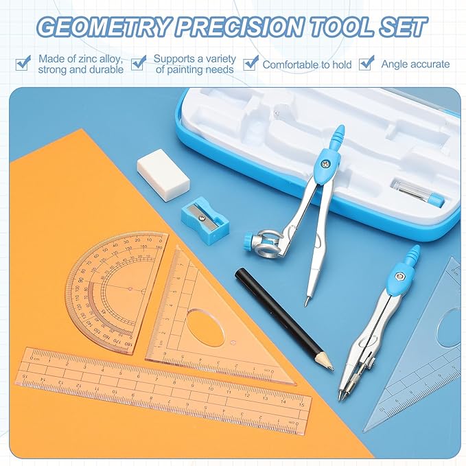 PATIKIL Geometry Precision Tool Set, 11 Pcs Geometry Set Compass Tool with Shatterproof Storage Box Rulers Math Compass Kit for Math Drafting Supplies, Orange(Style 2)