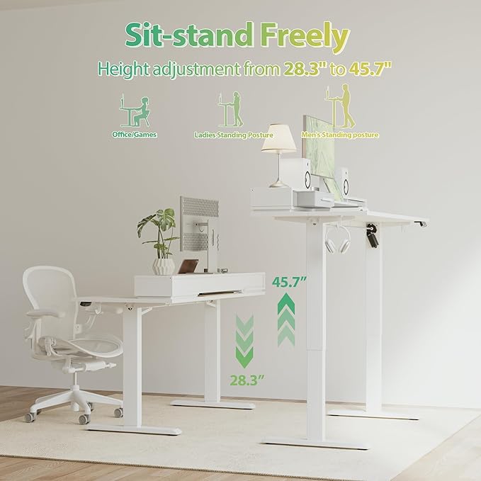 Agilestic 48 Inch Electric Standing Desk with Drawers, Adjustable Desk with Storage Shelf, Stand Up Home Office Computer Table, Splice Board, White