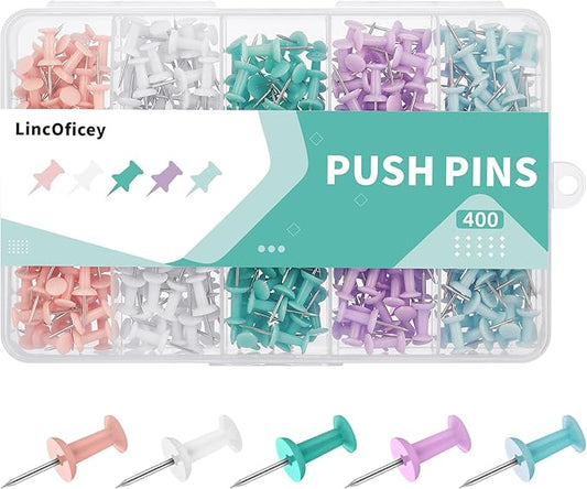 LincOficey 400pcs Push Pins, Colored Thumb Tacks for Cork Board, Bulletin Board and Foam Boards (Multicolor)