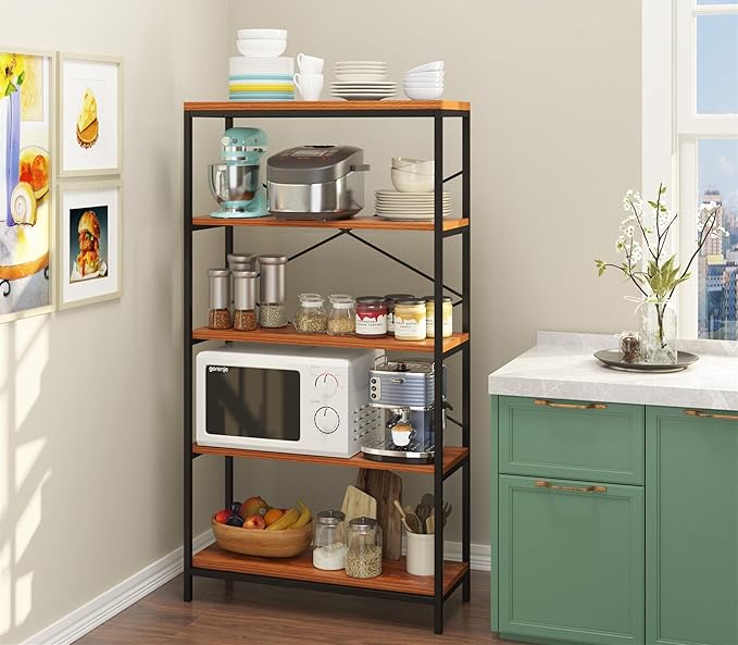 Himimi Industrial Bookshelf 5-Tier, Bookcase 58" H Ladder Shelf, Storage Shelves Rack Shelf Unit, Accent Furniture Metal Frame, Home Office Furniture for Bathroom, Living Room, Vintage Brown