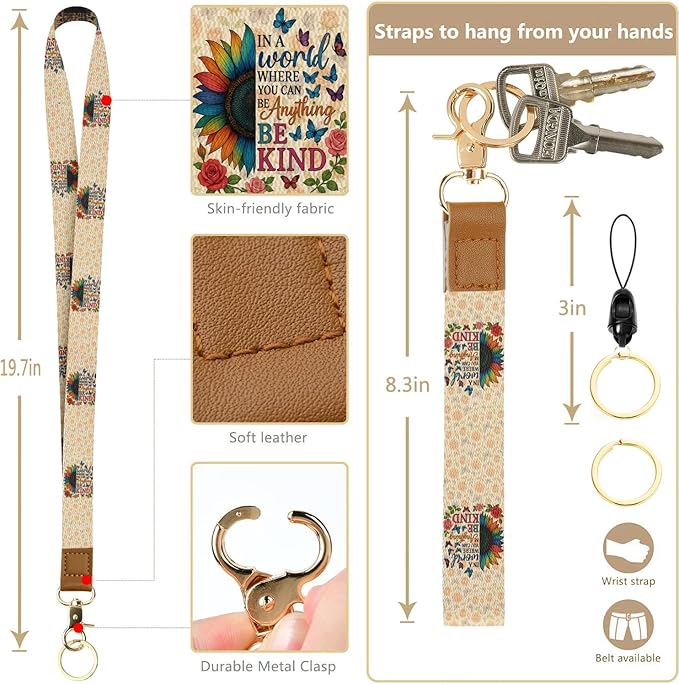 bolimoss Lanyard Wallet with Be Kind Sunflower Badge Holder, RFID ID Card Holder with Detachable Phone Lanyard Wrist Strap, Cute Small Keychain Wristlet Wallet with Zipper Pocekt, Name Tag Holder