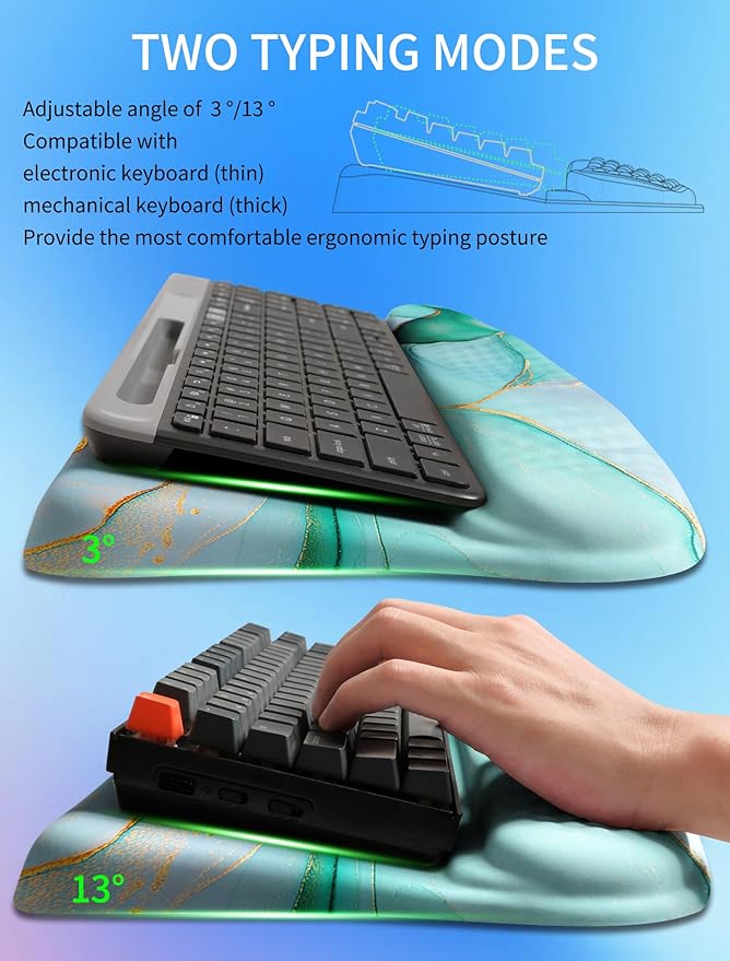 KUOSGM Ergonomic Wave Wrist Rest with Keyboard Stand, Cushioned Palm Rest, Comfortable Integrated Memory Foam for Natural Typing and Relieve Wrist Pain, Green Gold Marble