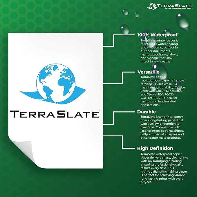 TerraSlate Printable Waterproof Paper for Laser Printer, 10 MIL 8.5" x 14", 100 Sheets, Matte White Printer Paper I Rip-Resistant, Weather/Rain Proof Copy Paper