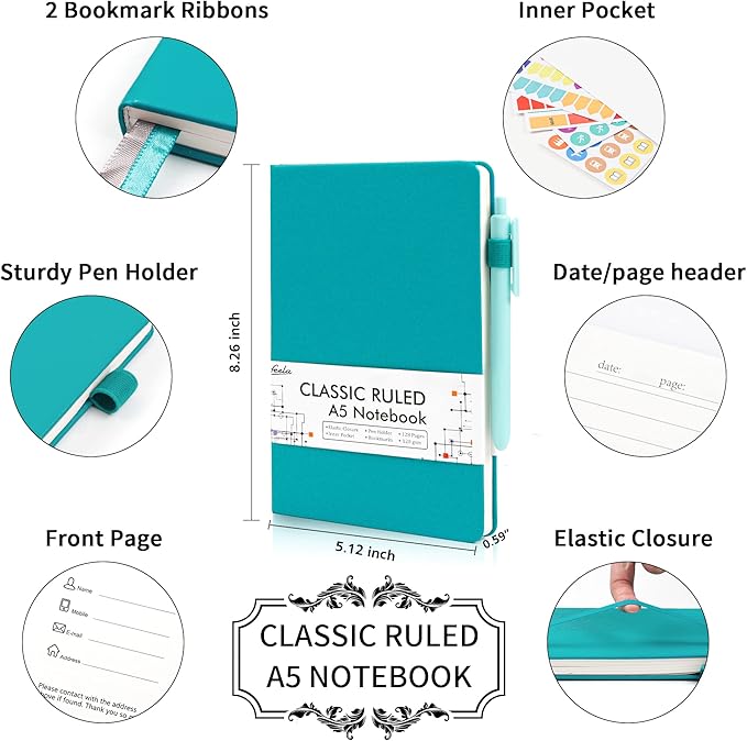 5 Pack Journal Notebook Bulk for School, Feela Hardcover Business Notebooks Classic Ruled Lined Journals with Pen Holder for Work Note Taking, with 5 Black Pens, 120 GSM, 5.1”x8.3”, A5, Emerald