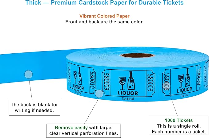 Tacticai 1000 Raffle Tickets, Liquor, Blue, Single Roll, Ticket for Events, Entry, Reward, Fundraiser & Prizes
