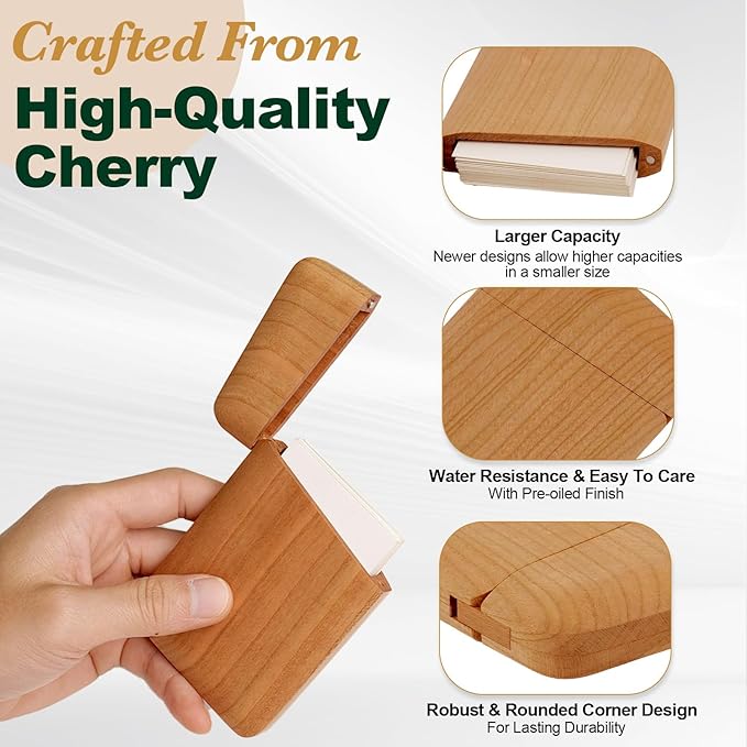 Yookin Wood Business Card Holder Wooden Magnetic Business Card Case Portable Simple (Cherry)