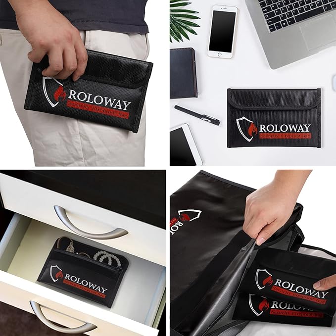 ROLOWAY Small Fireproof Bag (5 x 8 inches), Non-itchy Fireproof Money Bag for Cash, Valuables, Passport, Currency & Keys (2-Pack Black)