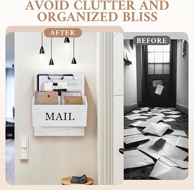 SeekElegant Mail Organizer Wall Mounted, 2-Slot Mail Holder for Wall, Wood Hanging Mail Organizer, File Paper Letter Envelope Bill Holder for Office Home Entryway (White)