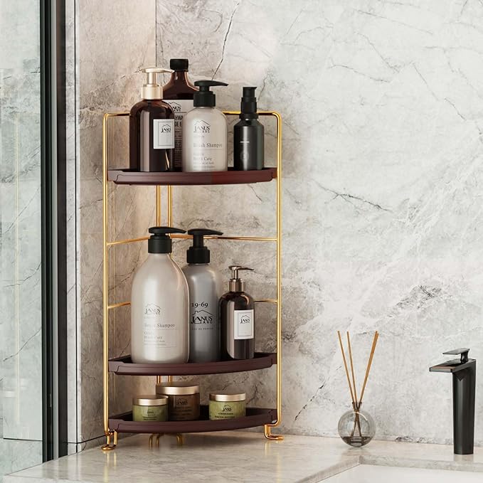 JANUS LiANG 3-Tier Corner Bathroom Organizer Countertop for Storage，Counter Tray and Vanity Organizer，Plastic Counter Organizer for Kitchen, Bathroom, Dresser 10.6 inches (Gold Brown)
