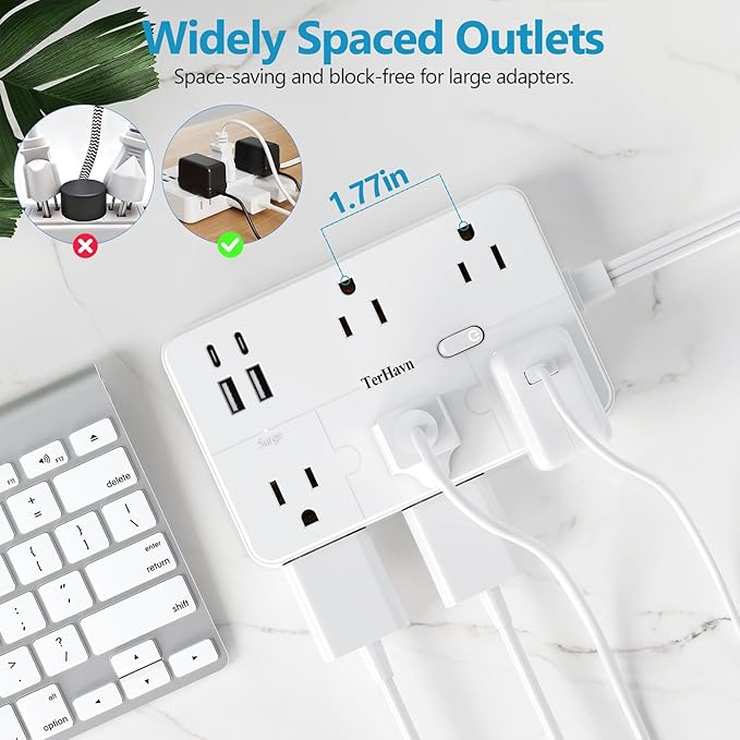 Surge Protector Power Strip 1 FT Flat Extension Cord ，10 AC Outlets & 4 USB Ports(5V/3.4A 17W), 1080J ，Wall Mountable Desktop Charging Station with Flat Plug for Office Supplies and Home, White