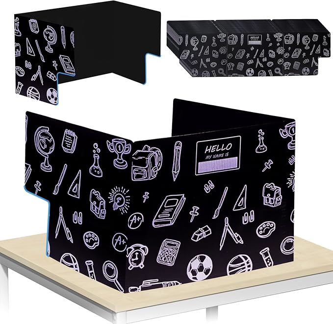 Succwoah 25-Pack Desk Dividers for Students with Privacy Shields, Ergonomic Arms Cutouts & Erasable Name Frames - Waterproof & Easy-to-Clean Test Dividers for Classroom, Exams, Office (Black)