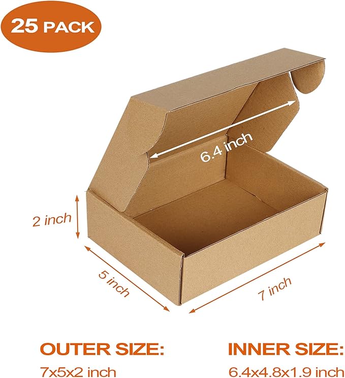 PHAREGE 7x5x2 inch Shipping Boxes Bulk 25 Pack Brown, Tab Lock Tuck Top Mailer Boxes for Packaging Small Business, Small Cardboard Gift Boxes for Wrapping Mailing Present