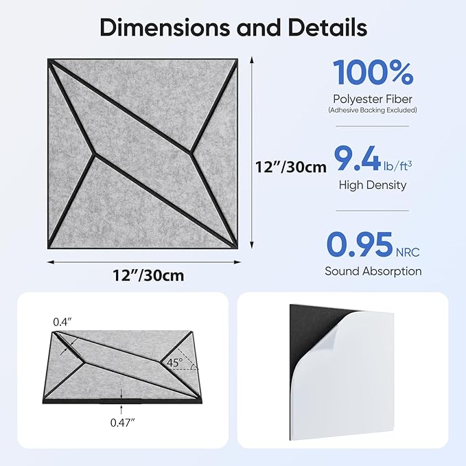 UNECHO 12 Pack 12" X 12" X 0.47" Acoustic Panels for Wall Sound Absorbing, Dual-Color P-Stripes Square Self-Adhesive Sound Panels, High Density Suitable for Multiple Scenarios(Black+SilverGray)