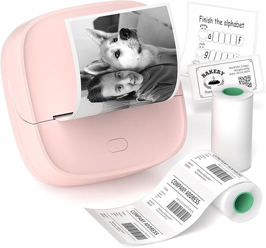 Gloryang JD-23 Sticker Printer, Mini Portable Thermal Printer Print Pod, Inkless Bluetooth Label Maker Machine for DIY Crafts, Journaling, Office & Home Use, 2 Rolls Sticker Paper, Pink