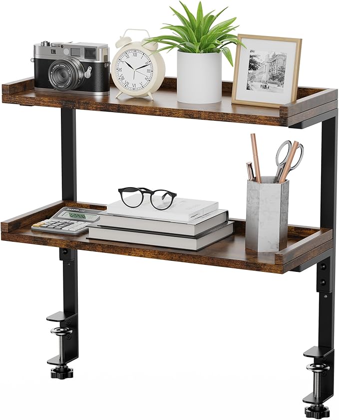 ART-GIFTREE Clamp On Desk Shelf 2-Tier, 16.5 in Wood Shelving Unit for Office Desk/Gaming Accessories, Tabletop Book Storage Rack, Shelf for Top of Desk, Brown