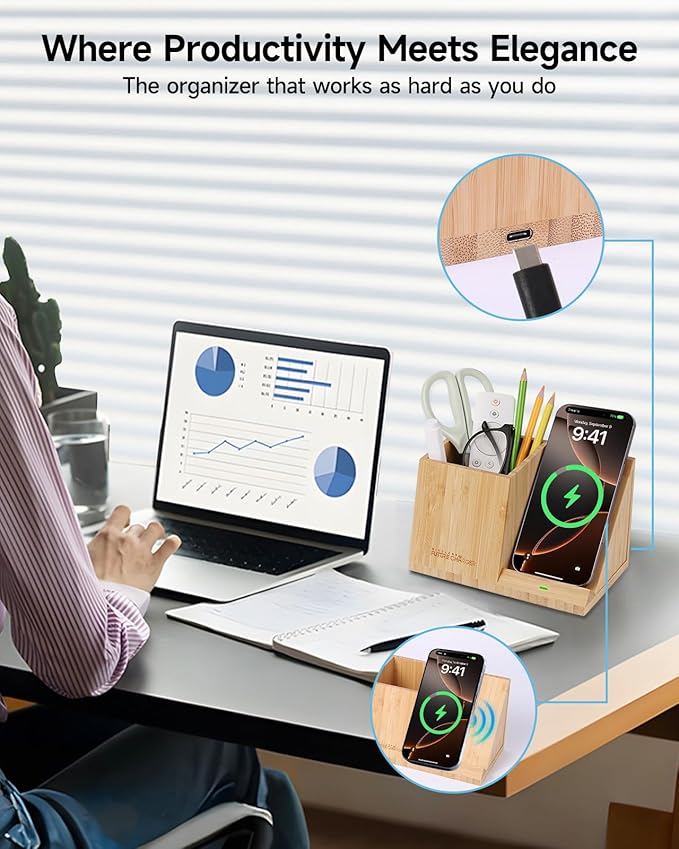 Bamboo Pen Holder for Desk & Nightstand Organizer with Fast Wireless Charging for iPhone, Samsung & More – Office Desk Accessories for Men/Women (Bamboo)