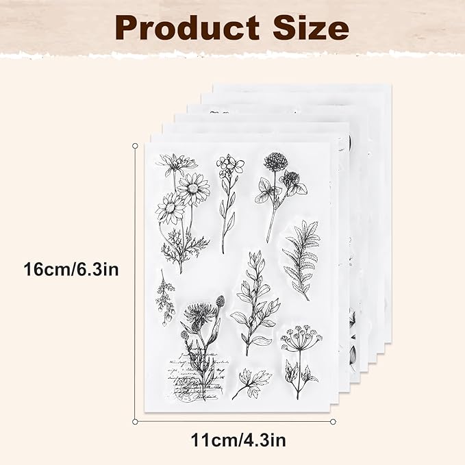 UCEC 8 Sheets Flower Clear Stamps for Card Making, Silicone Stamps for Crafting, Flower Stamp Clear Rubber Flowers Vintage Plants and Decoration and DIY Scrapbooking