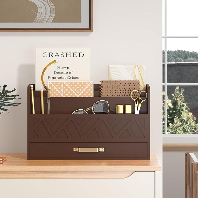 WISUCART Bamboo Mail Organizer Countertop Wood Desk Organizer Drawer Tabletop Storage Box Letter Sorter Makeup Organizer for School Home Office Supplies Brown