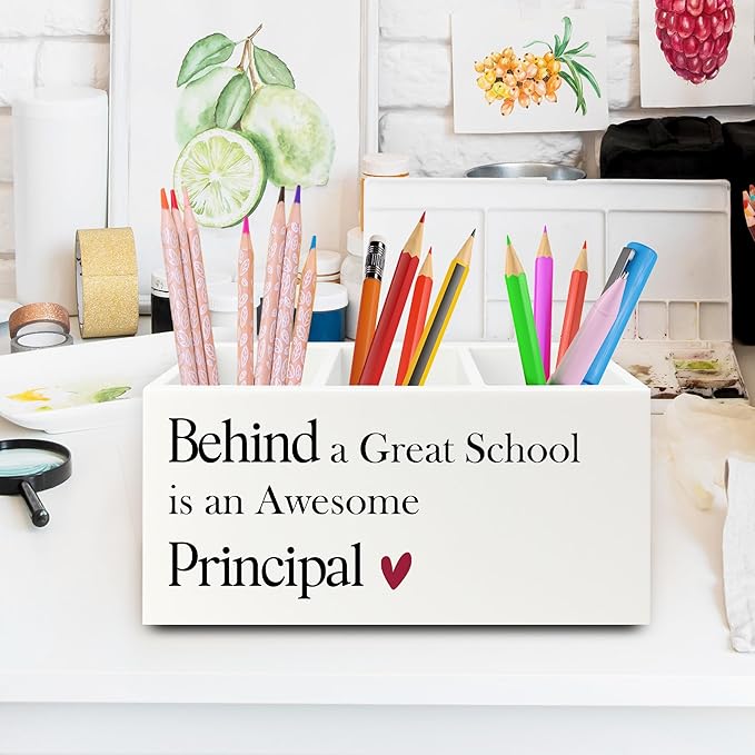 XPH Principal Gifts Pen Pencil Holder Organizer for Desk, Gifts for Principals Women Men, Behind a Great School Is an Awesome Principal Wooden Box Sign for Office Workplace Desk Tabletop Decorations