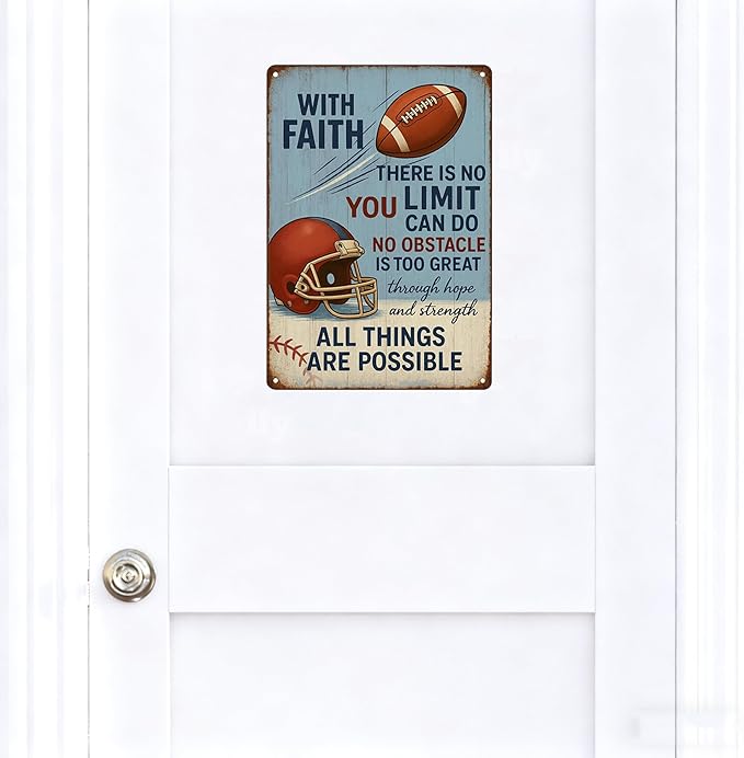 With Faith Football Metal Sign – Vintage Christian Sports Wall Art for Locker Room, Bedroom, or Gym – Motivational Gift for Athletes, Coaches, and Football Fans (FOOTBALL)