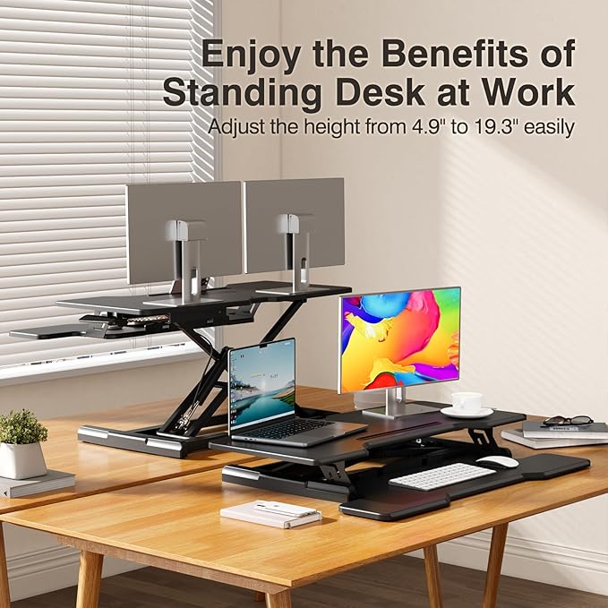 JYLH JOYSEEKER Standing Desk Converter 32 inch, Height Adjustable Sit Stand Desk Riser, Quick Sit to Stand Tabletop Dual Monitor Riser Workstation for Home Office with Keyboard Tray, Black