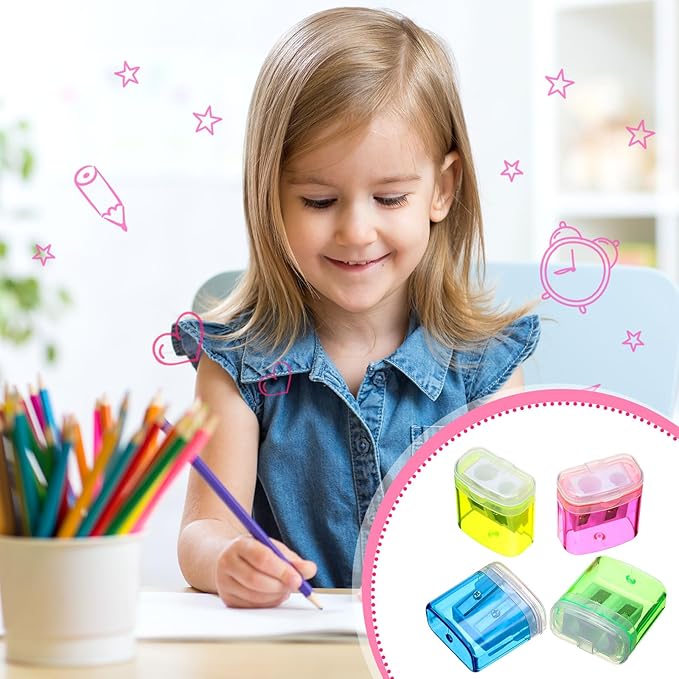 Teling 180 Pcs Manual Pencil Sharpeners Bulk Handheld Dual Holes Pencil Sharpeners for Kids Colorful Portable Compact Sharpener with Lid for Students School Class Home Office Supply