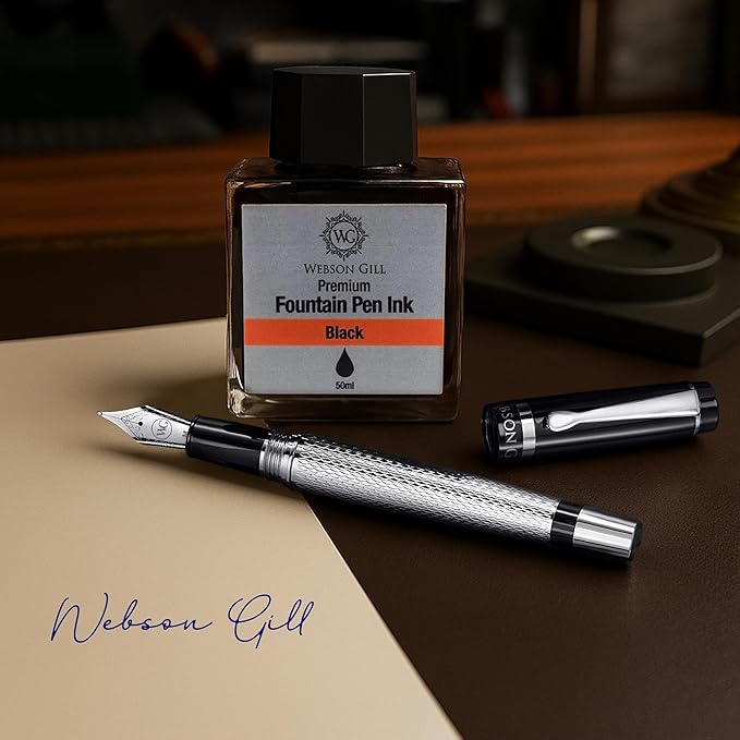 Webson Gill ‘The Raider’ Silver Luxury Executive Fountain Pen, Polished Lacquer & Chrome, Medium Nib, Smudge Free No Bleed, Use Any Fountain Ink w/Included Converter, Fits Cartridges sold separately