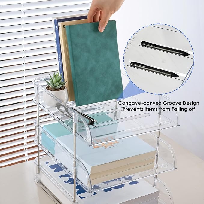 Noger Desk Organizers and Storage, 3 Tier Clear Heightened Stackable Paper Tray Organizer for Document, Letter, A4 File Paper, Desk Accessories, Office Supplies (Clear, 3 Pack)