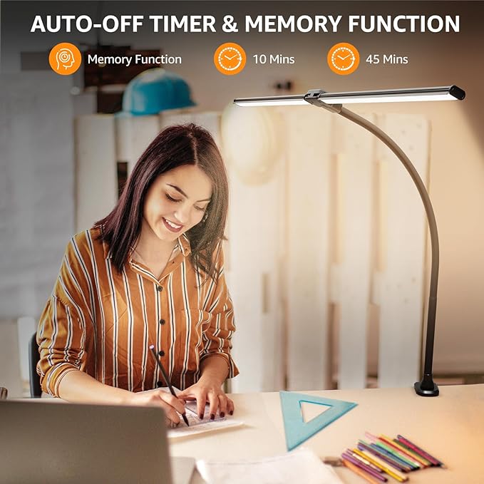 ShineTech Led Desk Lamp for Office Home, Bright Double Head Desk Light with Clamp, Architect Task Lamp 50 Lighting Modes Adjustable Flexible Lamp