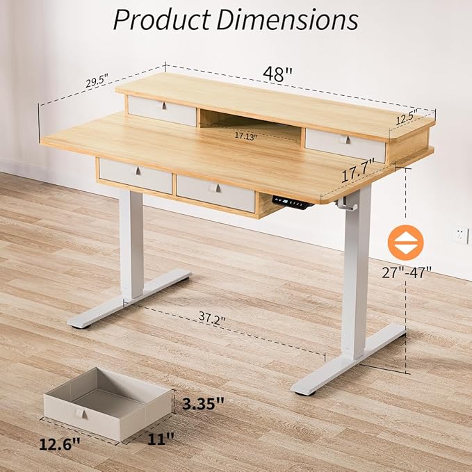 Kingant 48 x 30 Inch Electric Standing Desk with 4 Drawers, Adjustable Height Computer Desk for Home Office, Large Workstation Sit Stand Up Desk with Built-in USB A/C Charging Ports, Nature