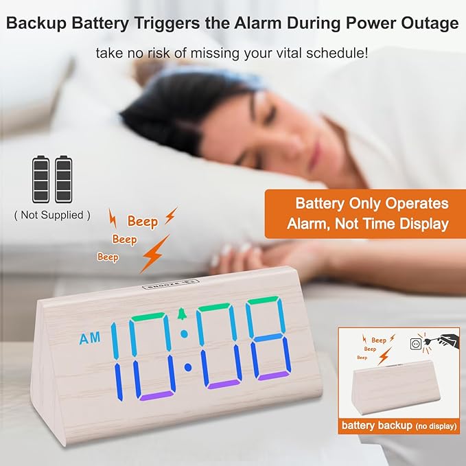 DreamSky Wooden Digital Alarm Clock for Bedroom - RGB Electric Desk Clock with Large Numbers, USB Port, Loud Alarm for Heavy Sleepers, Dimmer and Volume Control, Snooze, Wood Décor (Adapter Powered)