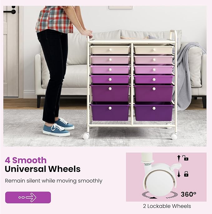 LDAILY 12 Drawer Rolling Storage Cart, Craft Cart Organizer on Wheels with Metal Frame, Large Capacity & Smooth Drawers for Living Room, Classroom, Office (Gradient Purple)