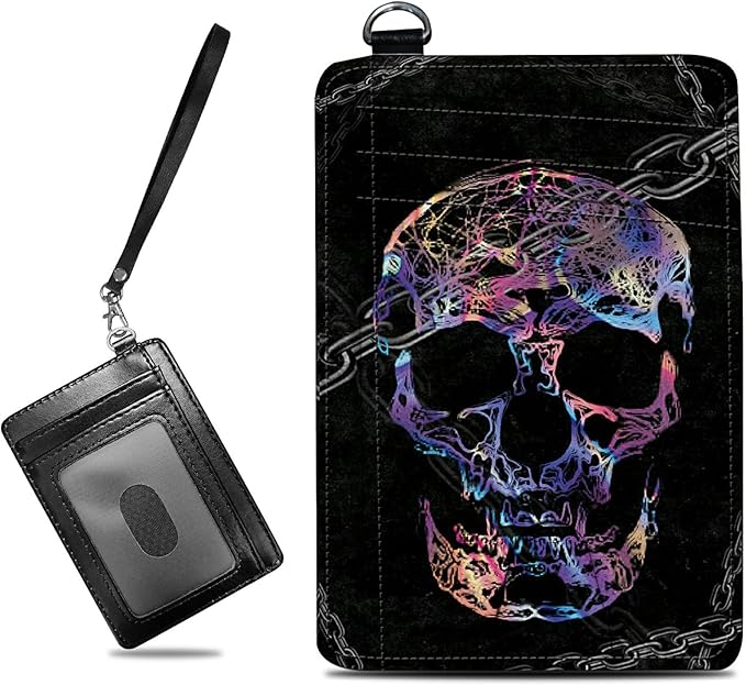 BWEGRHE Small Travel Wallets, Shackle Skull Slim Minimalist Front Pocket Wallet with Wristlet, RFID Blocking PU Leather Credit Card Holder with ID Window Change Purse for Men Women