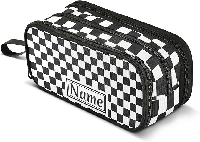 BOENLE Custom Black White Checkered Pattern Pencil Case Box Boys Girls Personalized Name Large Pencil Pouch Stationery Pen Bag Organizer for Kids Adults School