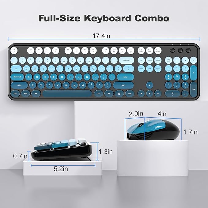 MOFII Wireless Keyboard and Mouse Combo, Full Size 2.4G Plug and Play Typewriter Retro Round Computer Keyboard and Mouse Set for Windows, Computer, Desktop, PC, Notebook - (Black Blue Gradient)